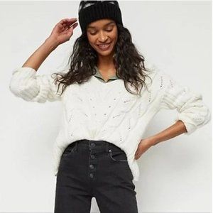 Anthropologie White Ramona Cable Pointelle Knit Chunky Alpaca Sweater | XL